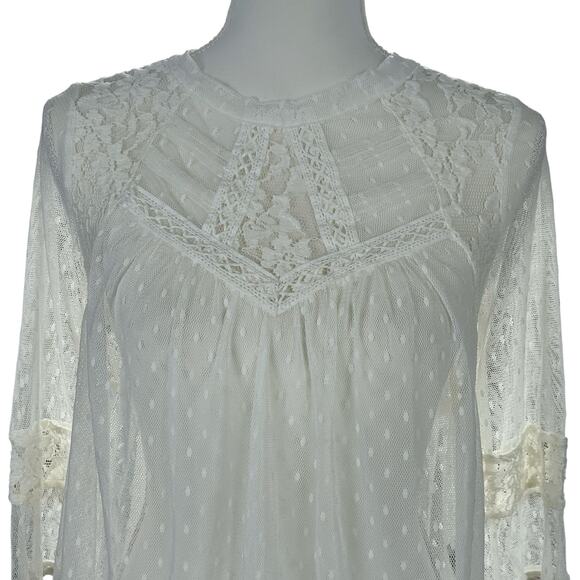 Free People Lace Top Women Sze Medium Ivory White Boho Romantic Sheer Dot Blouse - Picture 6 of 14